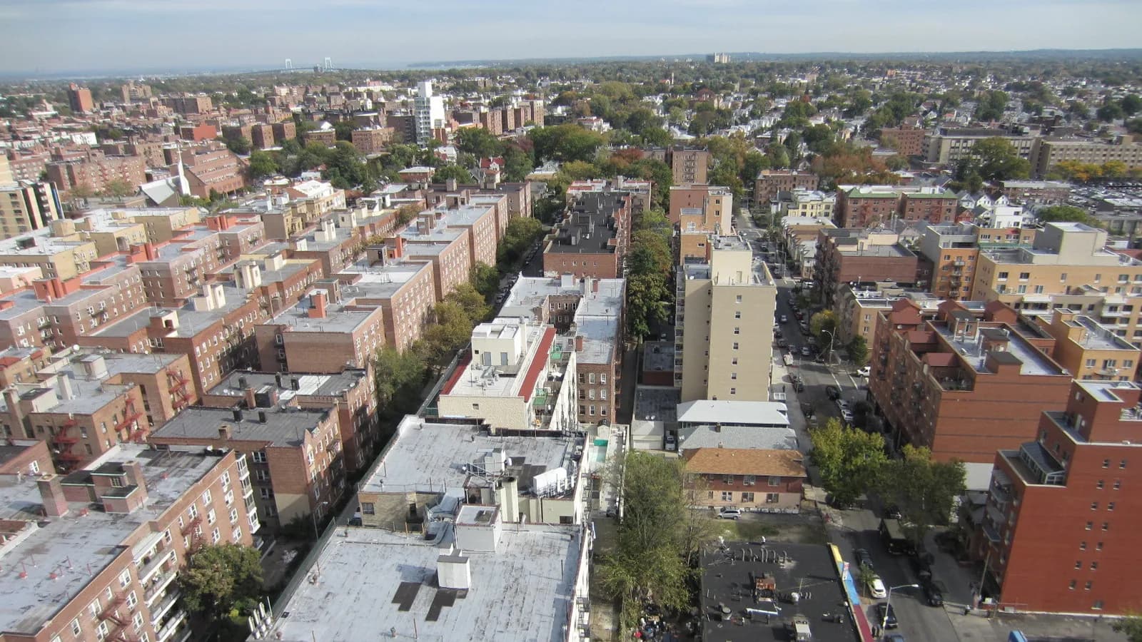 Aerial view over downtown Flushing, Queens