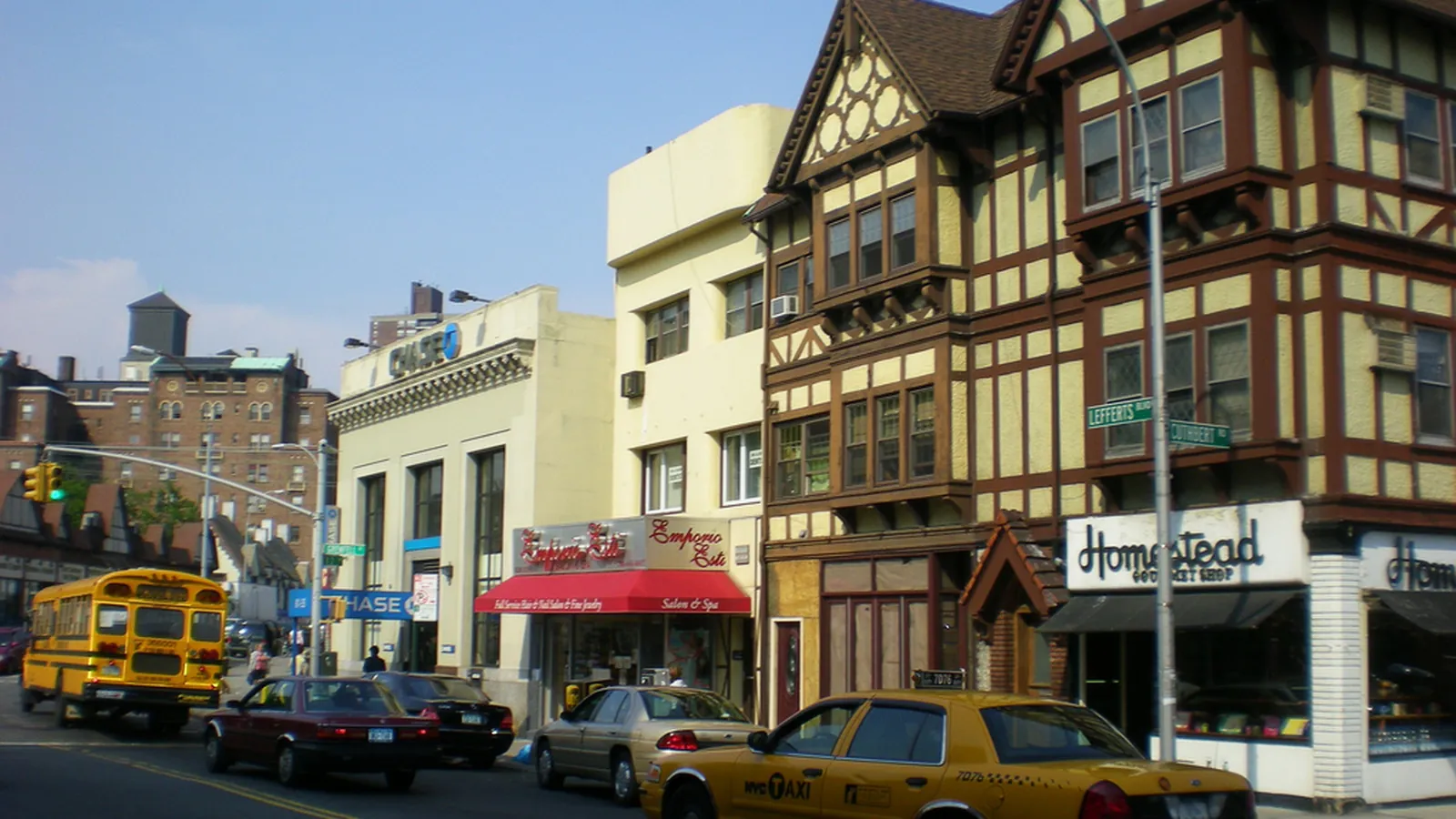 Tudor-style shops along Lefferts Boulevard in Kew Gardens, Queens